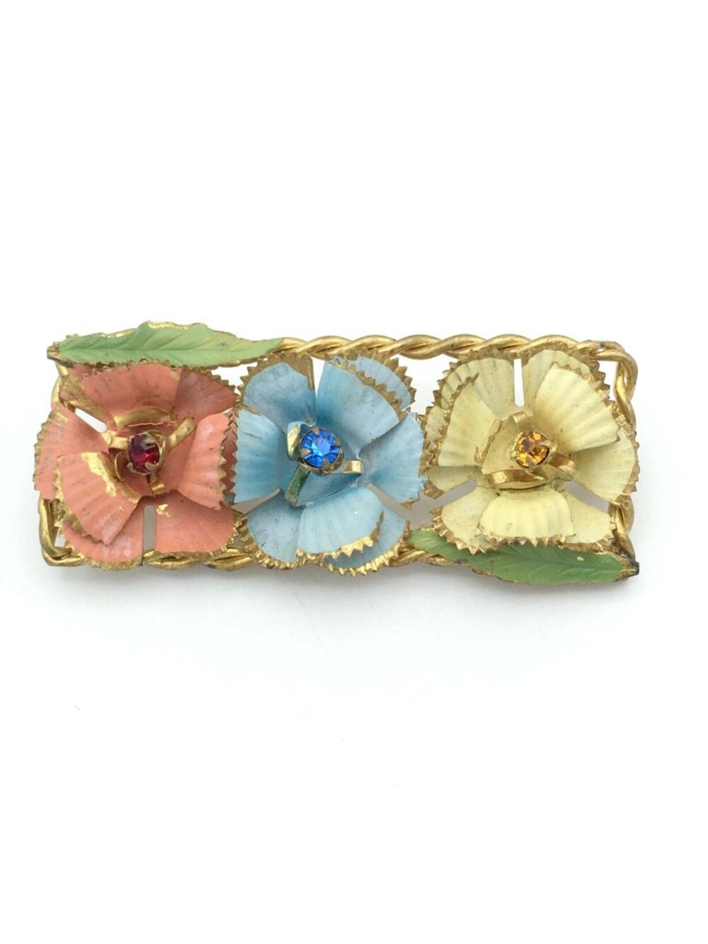 ENAMEL flower box brooch - vintage Austrian crystal rhinestone 2.25" pastel pin